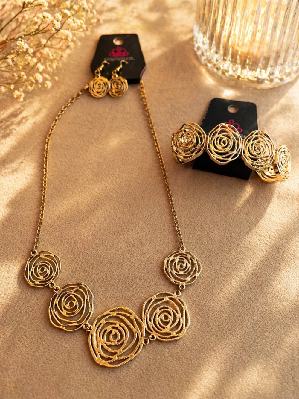 paparazzi Gold Rose Spiral Necklace, Bracelet & Earring Set